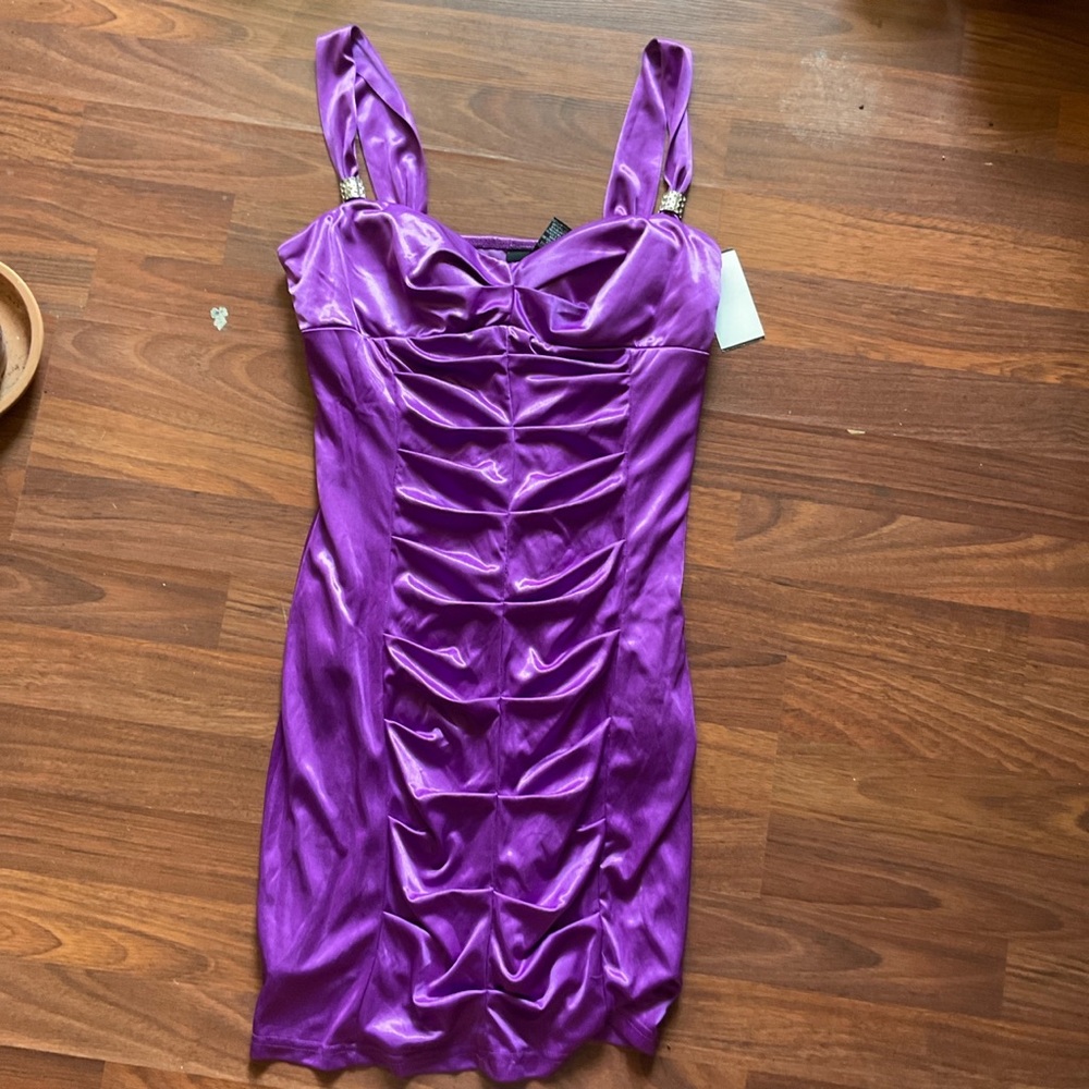 Elegant Purple Diamond Satin like Dress | Formal Short Sleeve Midi | Going out